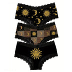 Women’s Black and Gold Lace Briefs with Celestial Sun and Moon-Inspired Details, Decorative Waistband and Alternative Style