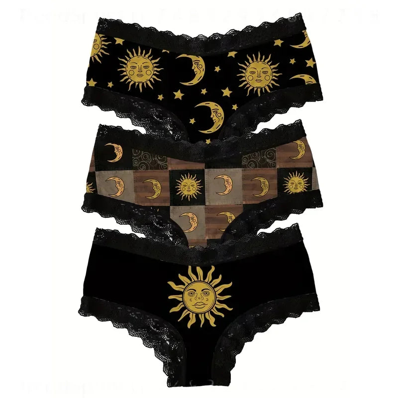 Women’s Black and Gold Lace Briefs with Celestial Sun and Moon-Inspired Details, Decorative Waistband and Alternative Style