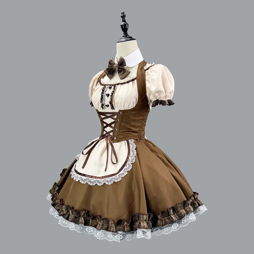 Earth-Toned Bear Maid Cosplay Dress with Corset Lacing, Plaid Bow, and Ear Headband