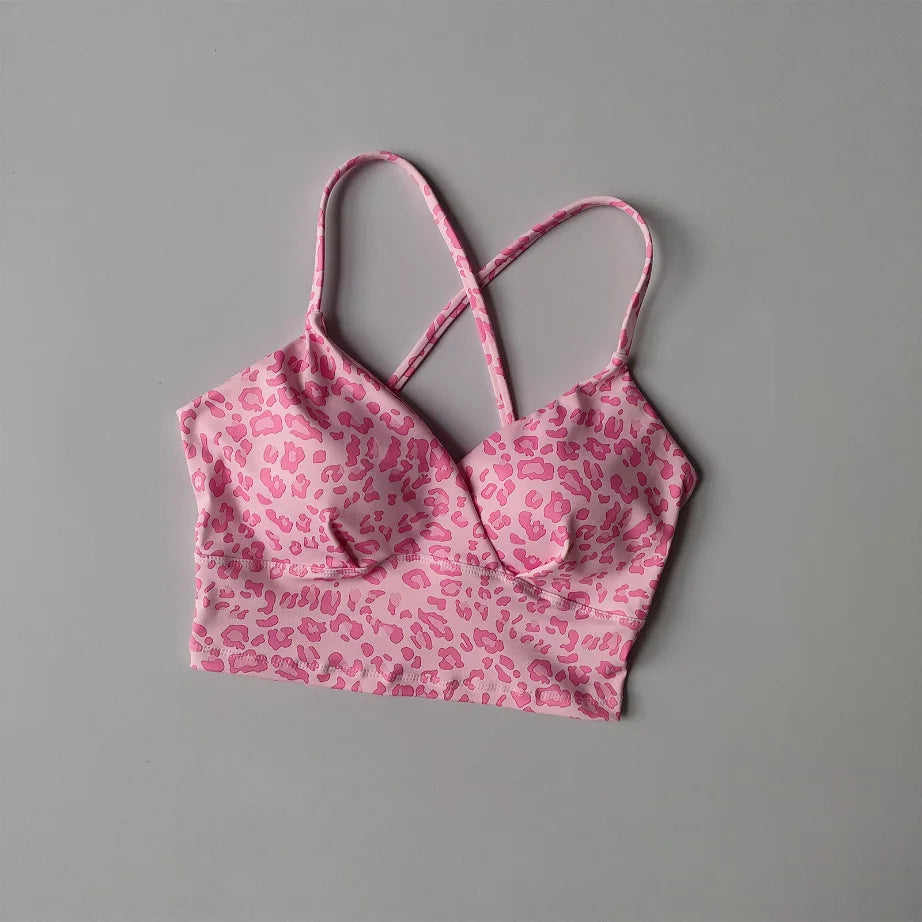 Playful Cherry Print Longline Sports Bra with Criss-Cross Open Back