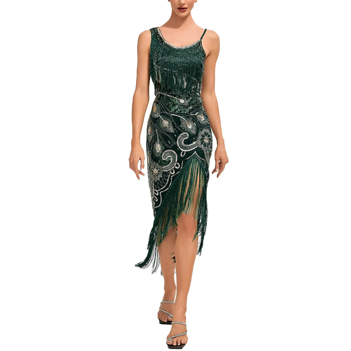 1920s-Inspired Embellished Flapper Dress with Fringed Asymmetrical Hem