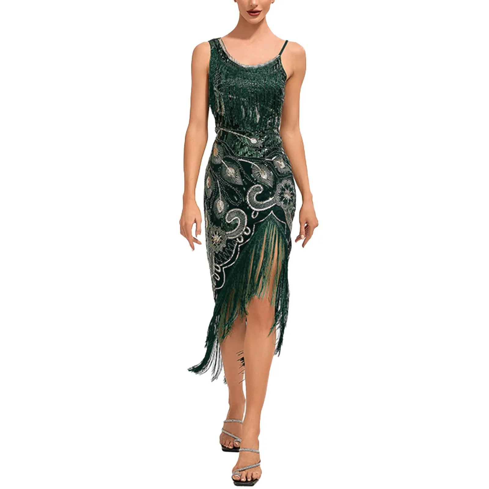 Embellished Fringe Midi Dress With Sculpted Sleeveless Silhouette