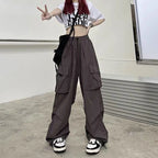 Women's Low-Rise Drawstring Wide-Leg Cargo Sweatpants with Utility Pocket Streetwear Style