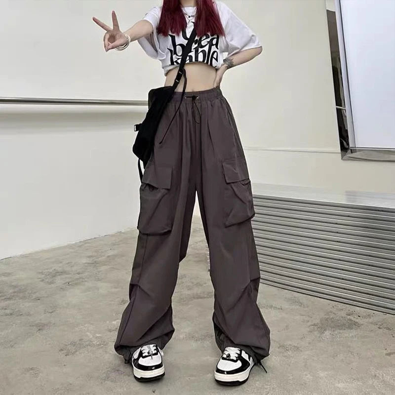 Women's Low-Rise Drawstring Wide-Leg Cargo Sweatpants with Utility Pocket Streetwear Style