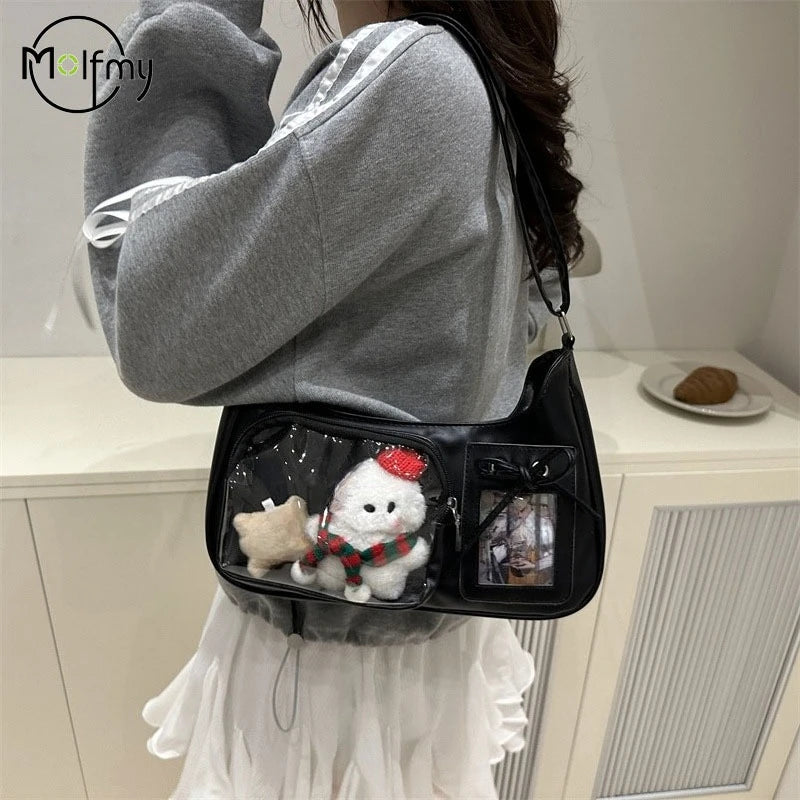 Structured Display Window Shoulder Bag with Zip Closure Design