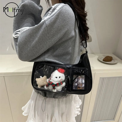 Structured Display Window Shoulder Bag with Zip Closure Design