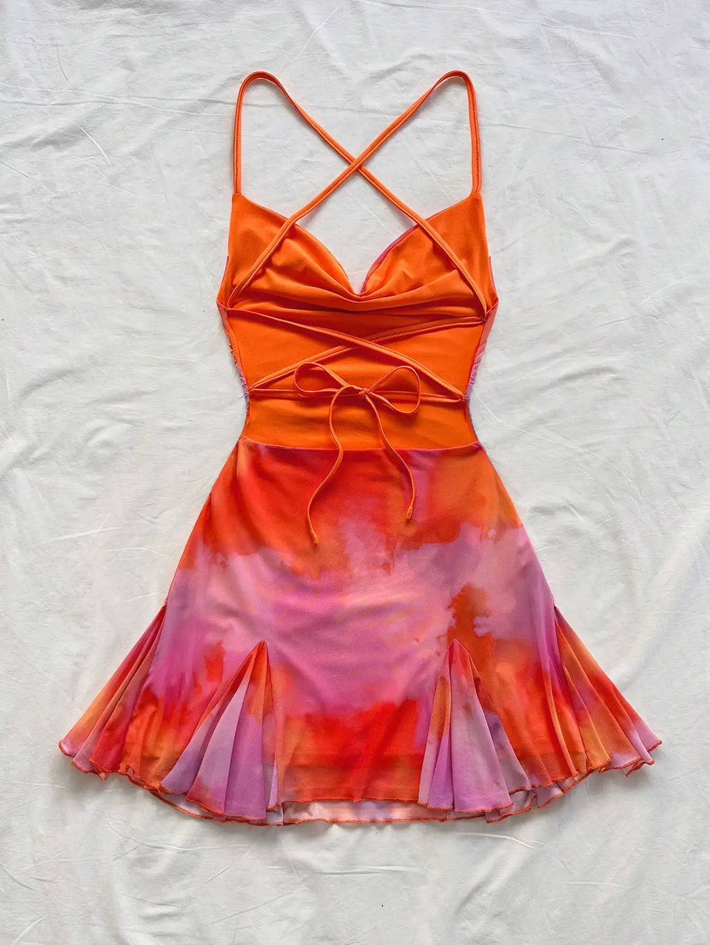 Tie Dye Ruched Mini Dress with Sweetheart Neckline and Flared Hem