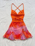 Tie Dye Ruched Mini Dress with Sweetheart Neckline and Flared Hem