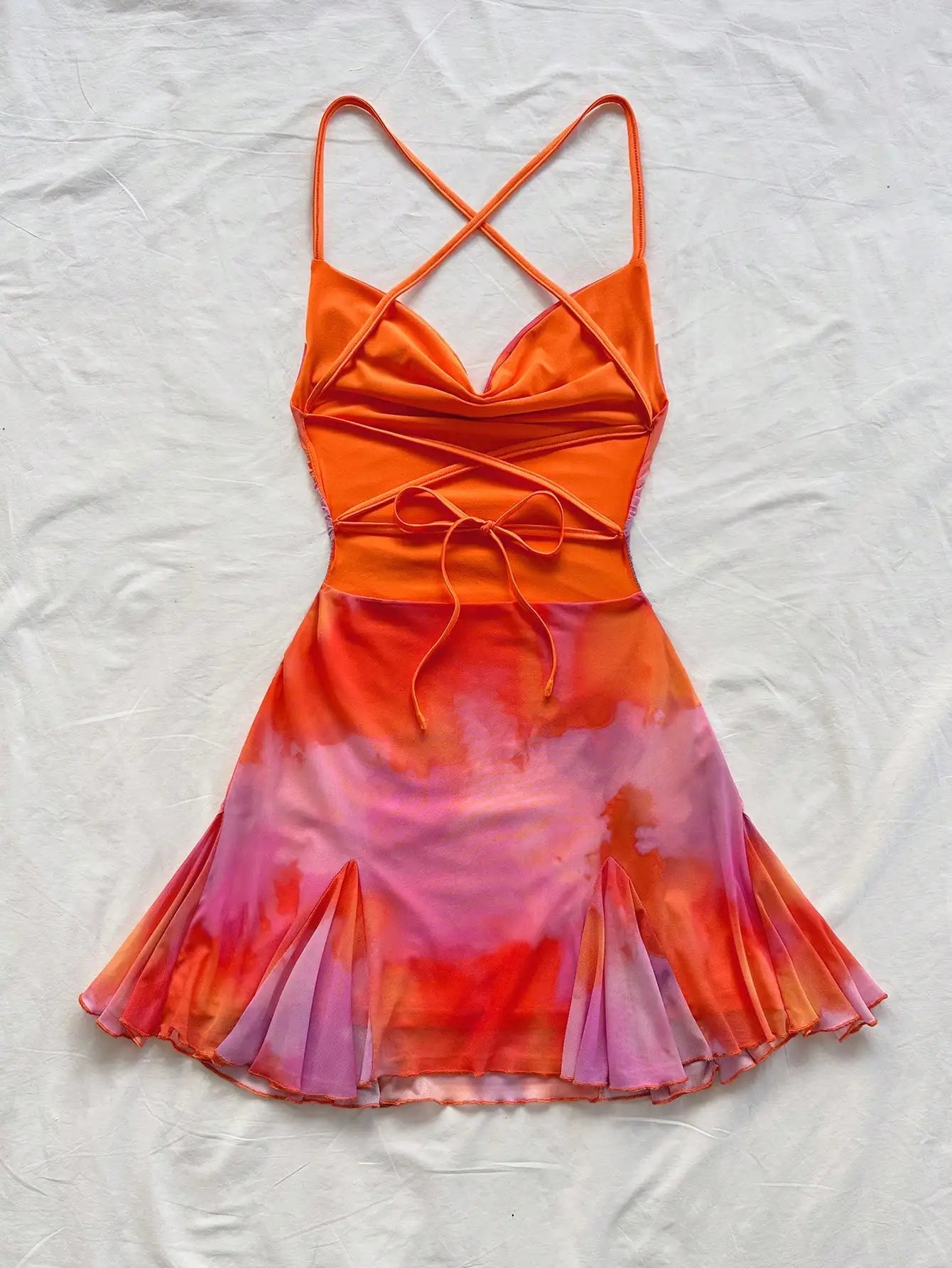 Tie Dye Ruched Mini Dress with Sweetheart Neckline and Flared Hem