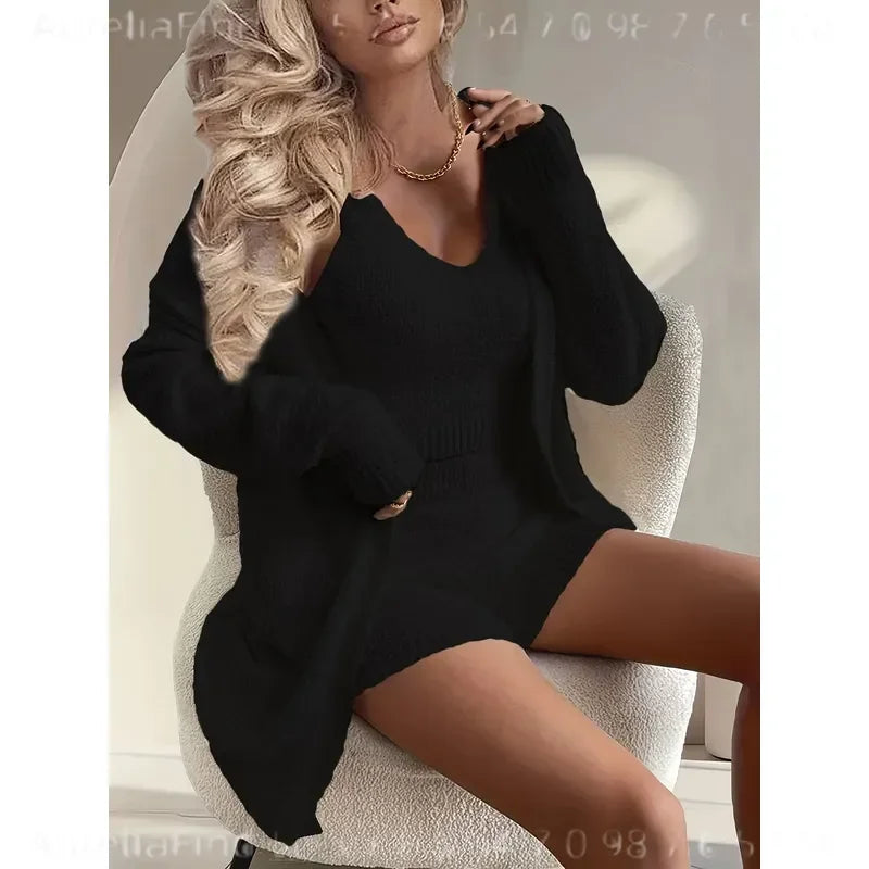 Women's Fall Loungewear Set with Long-Sleeve Cardigan, V-Neck Tank Top and Matching Shorts, Soft Relaxed Homewear Sleepwear Outfit