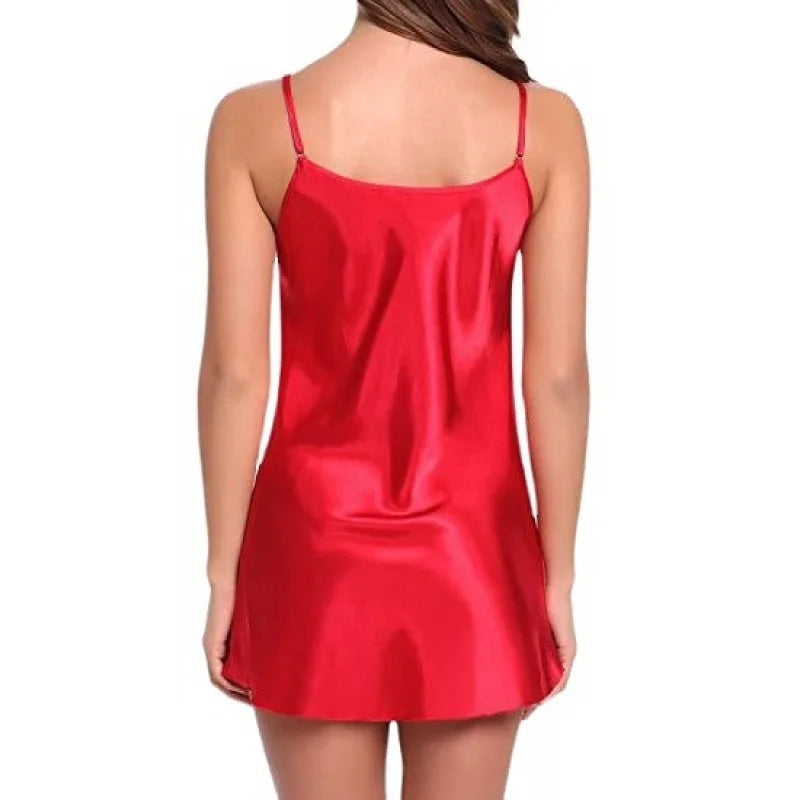 Vibrant Red Satin-Finish Slip Dress with Minimalist V-Neckline