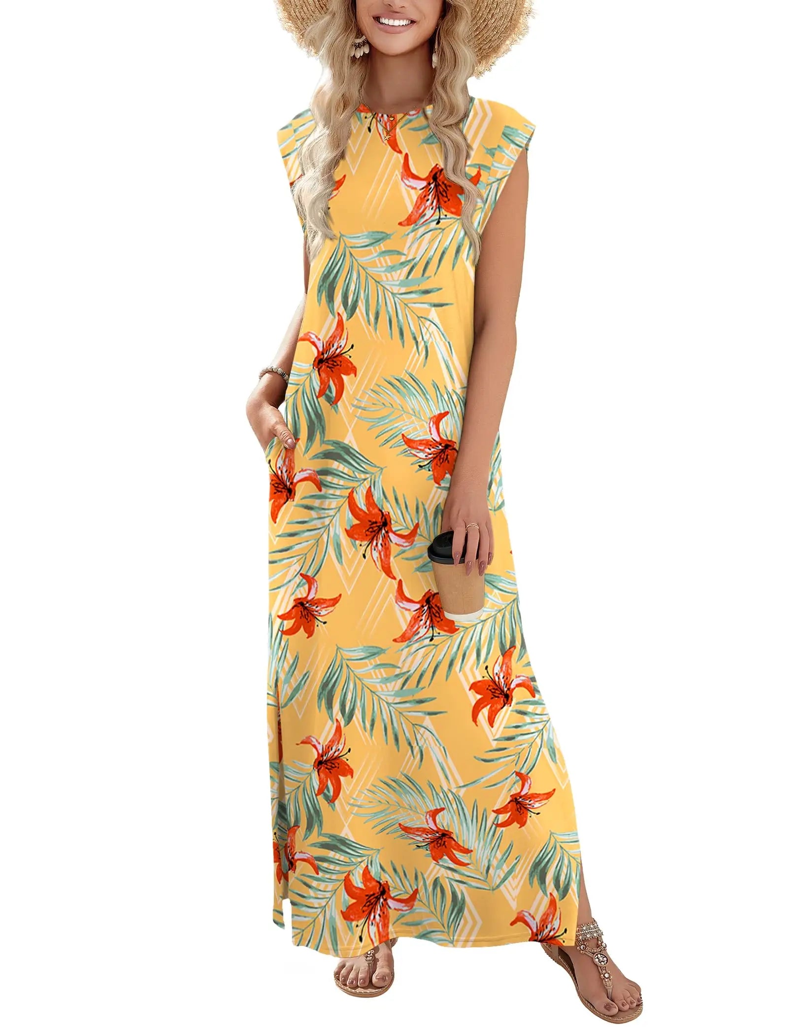 Loose Fit Sleeveless Floral Maxi Dress with Pockets for Casual Styling