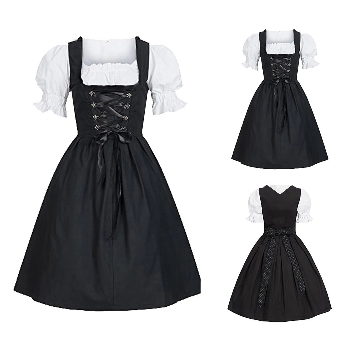 Traditional Bavarian-Inspired Dirndl Dress with Lace-Up Corset Bodice and Puff Sleeves