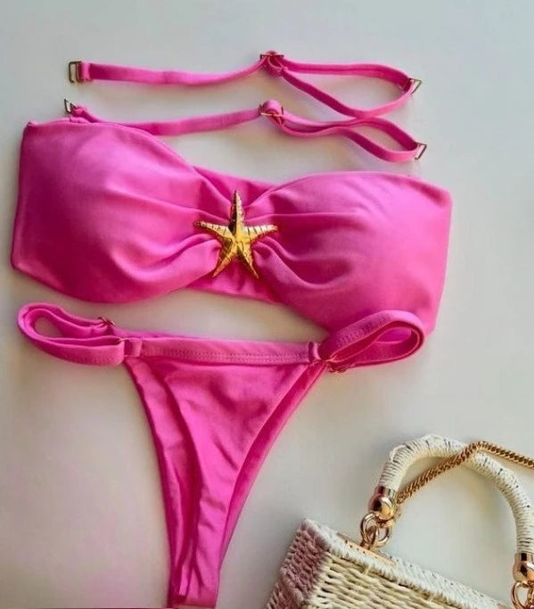 Fierce Mixed Animal Print Bandeau Bikini with Center O-Ring Hardware