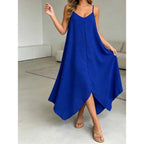 Spaghetti Strap V-Neck Maxi Dress with Relaxed Fit and Asymmetrical Hem