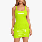 Vibrant Blue Glossy PU Leather Bodycon Mini Dress with Scoop Neckline