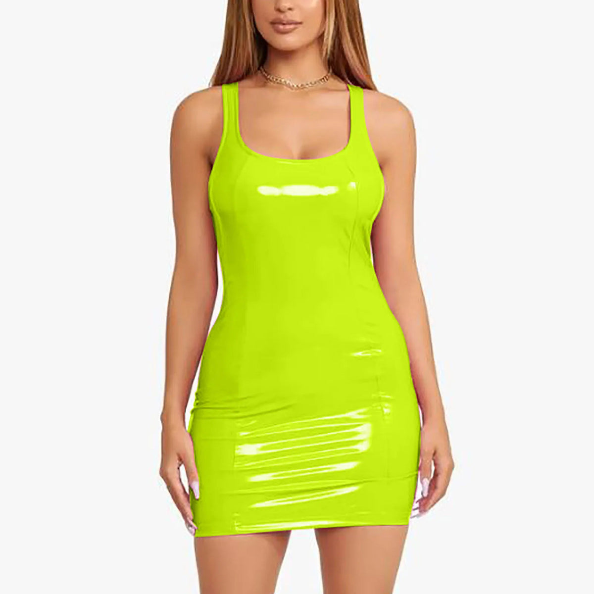 Vibrant Blue Glossy PU Leather Bodycon Mini Dress with Scoop Neckline