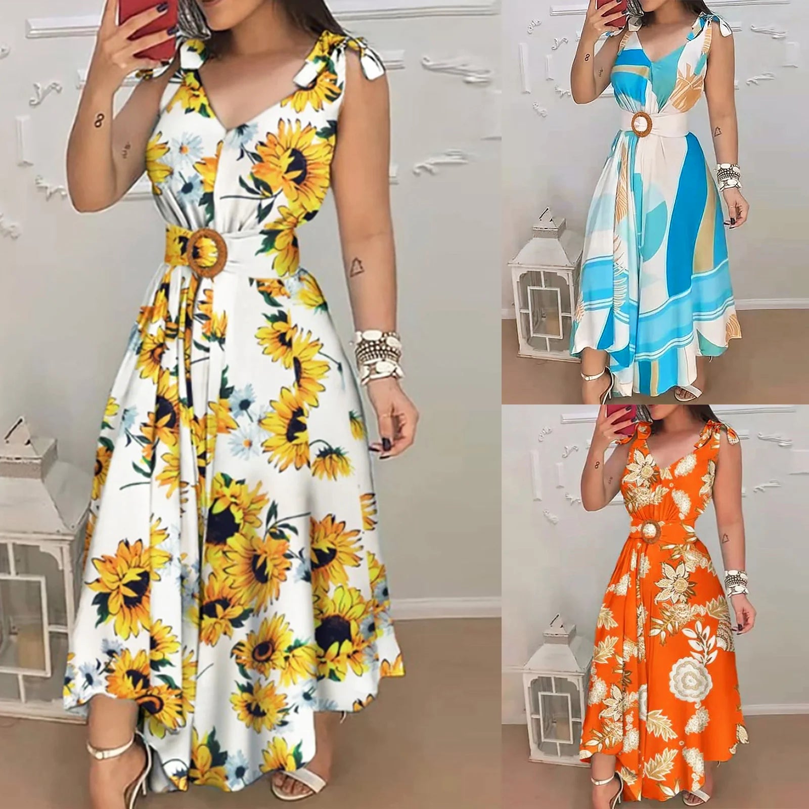 Floral Print Maxi Dress with Belt and Ruffled Swing Silhouette