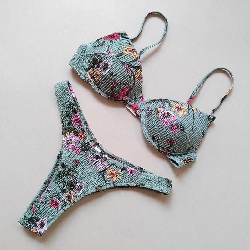 Vibrant Green Floral Underwire Bikini with Ruched Texture