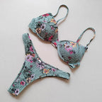 Vibrant Green Floral Underwire Bikini with Ruched Texture