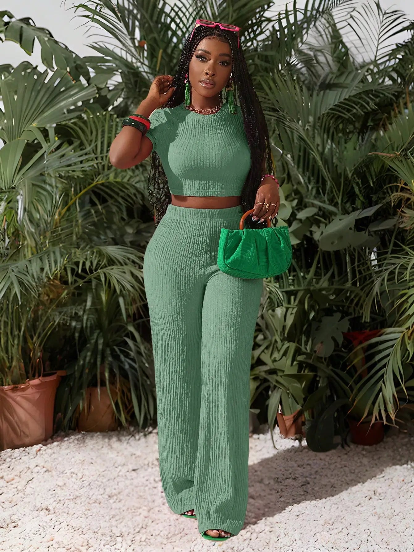 Women's Knit Crop Top and Wide Leg Pants Co-Ord Set