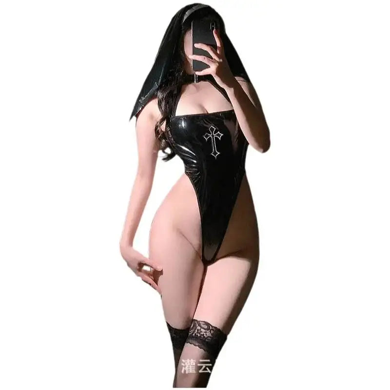 Glossy High-Cut Cutout Bodysuit with Cross Hardware Accent
