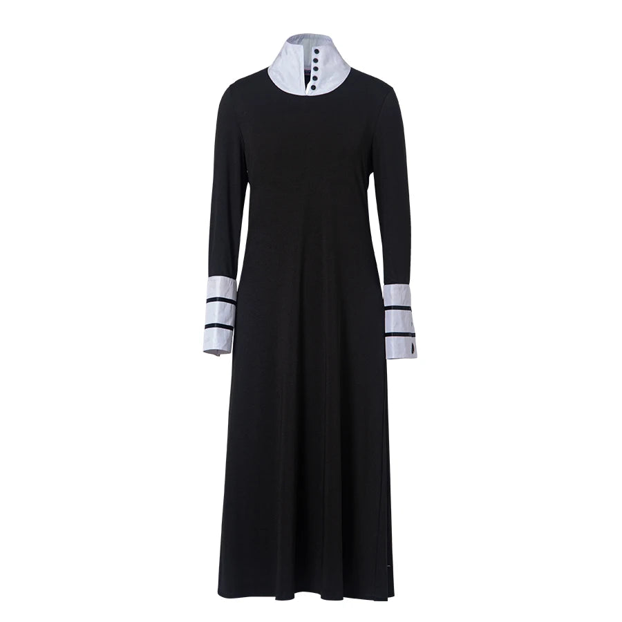 Sleek High-Collar Maxi Dress with Contrasting Striped Cuffs and Neckline