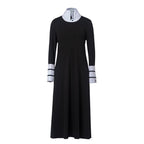 Sleek High-Collar Maxi Dress with Contrasting Striped Cuffs and Neckline