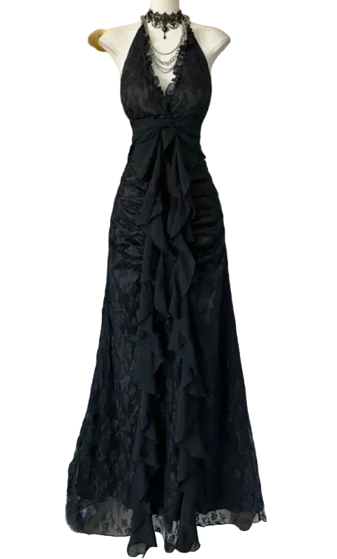 Layered Lace Gothic Maxi Dress with Elegant Alternative Fashion Styling