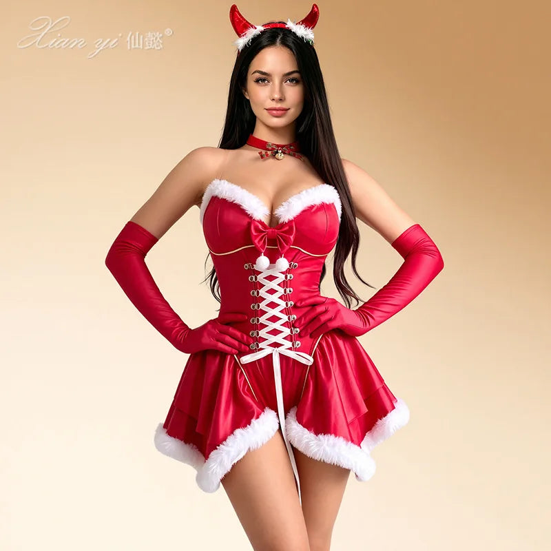 Festive Red Lace-Up Mini Dress with Faux-Fur Trim and Matching Accessories