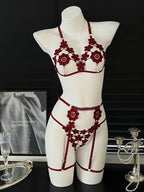 Vibrant Red Strappy Floral Appliqué Three-Piece Open Lingerie Set