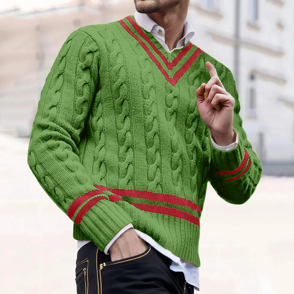Men's Contrast Trim Cable Knit Relaxed Fit Streetwear Sweater Pullover