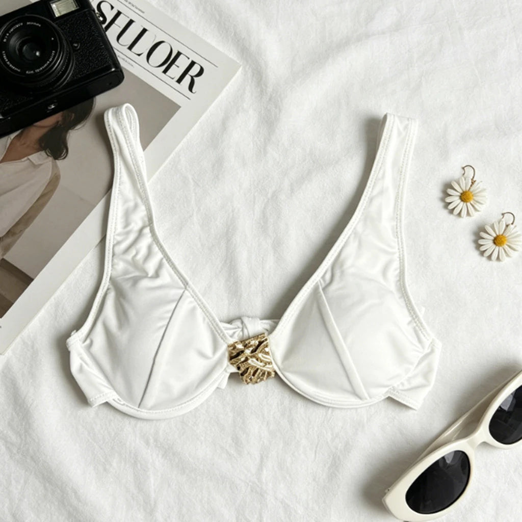 Structured White Underwire Bikini Set with Gold-Tone Hardware and High-Cut Bottoms