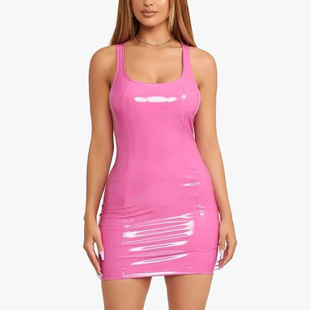 Vibrant Blue Glossy PU Leather Bodycon Mini Dress with Scoop Neckline