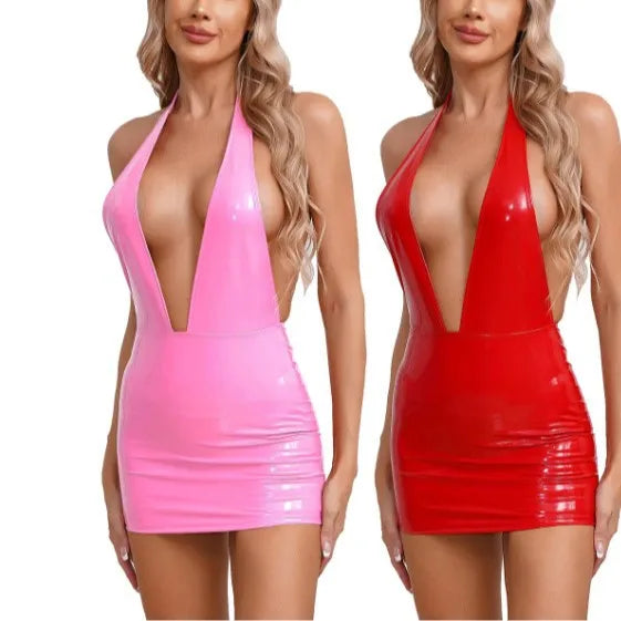 High-Gloss Halter Bodycon Mini Dress with Plunging V-Neckline