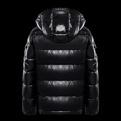 Men's Glossy Hooded Puffer Jacket with Oversized Quilted Design for Winter Streetwear Layering