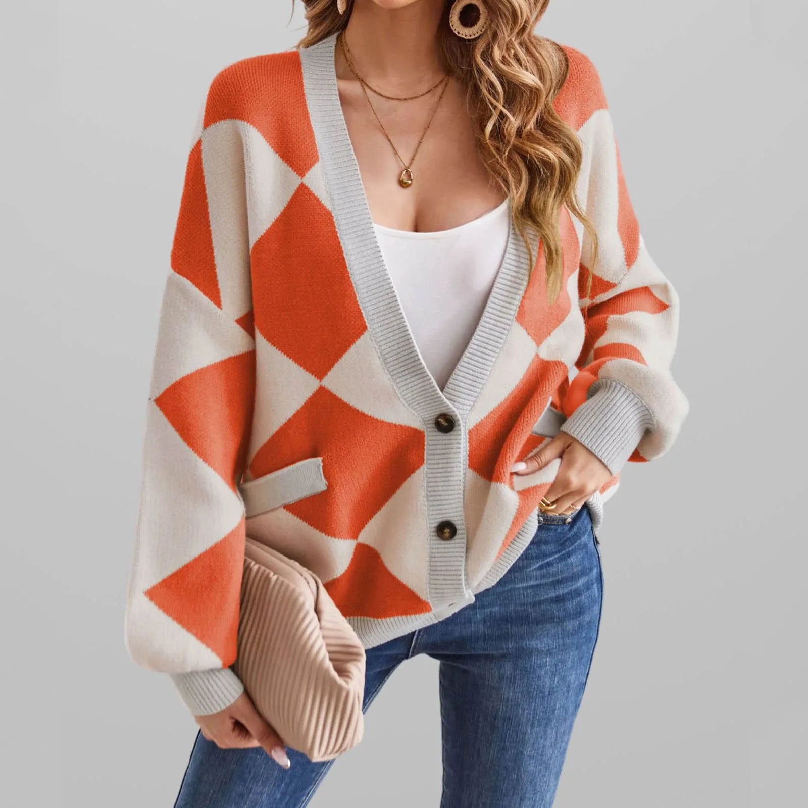 Women's Geometric Color Block Knit Cardigan with Oversized Button Front Design