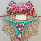 Playful Heart Print Triangle Bikini Set with Braided Pink Strap Detailing