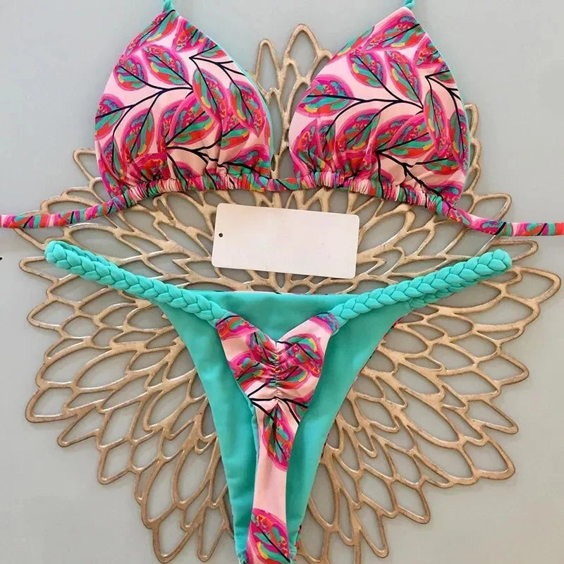 Playful Heart Print Triangle Bikini Set with Braided Pink Strap Detailing
