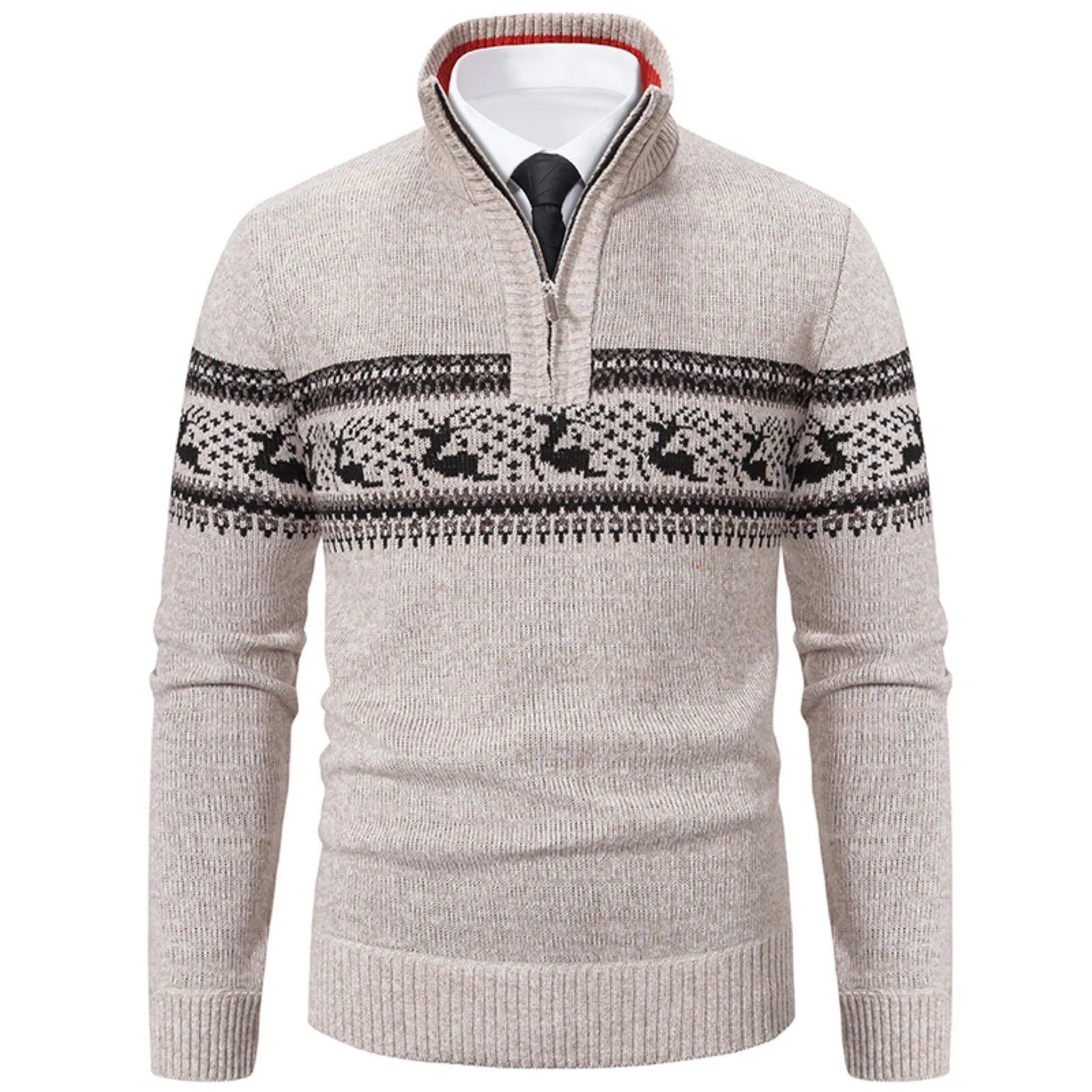 Men's Quarter Zip High Neck Patterned Knit Streetwear Sweater Pullover
