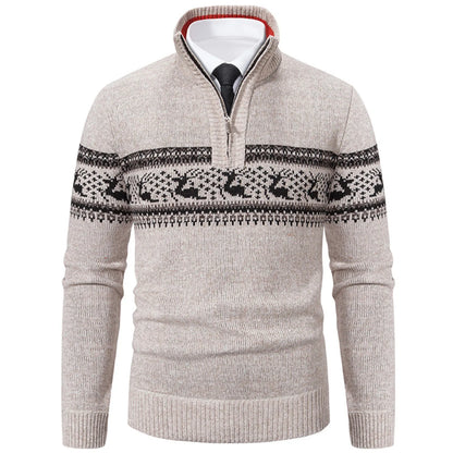 Men's Quarter Zip High Neck Patterned Knit Streetwear Sweater Pullover