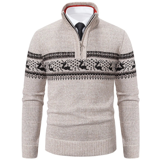 Men's Quarter Zip High Neck Patterned Knit Streetwear Sweater Pullover