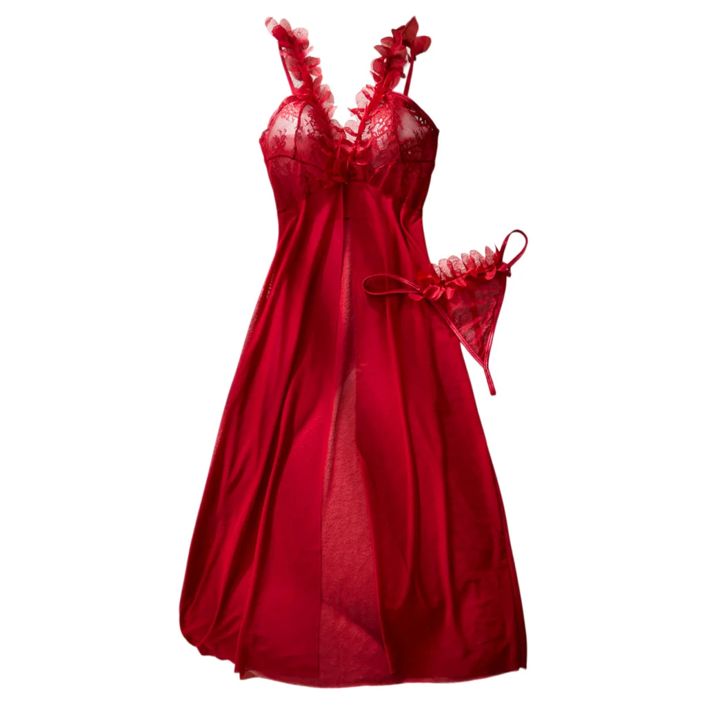 Vibrant Red Sheer Mesh Babydoll Set with Ruffled Lace Trim