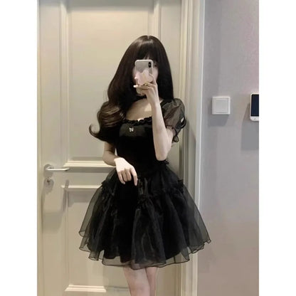 Anime-Inspired Gothic Tulle Mini Dress with Soft Kawaii Party Aesthetic