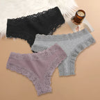 Three-Piece Ribbed Cotton-Blend Bikini Panty Set with Scalloped Lace Trim