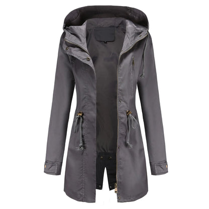 Women's Hooded Drawstring Longline Windbreaker Jacket with Lightweight Streetwear Outdoor Style