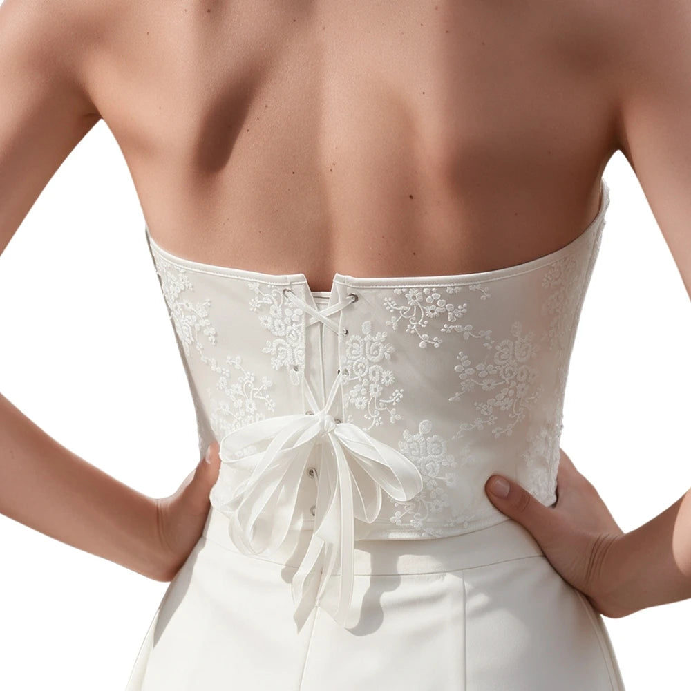 Ethereal White Strapless Corset with Draped Sweetheart Bodice and Lace Overlay