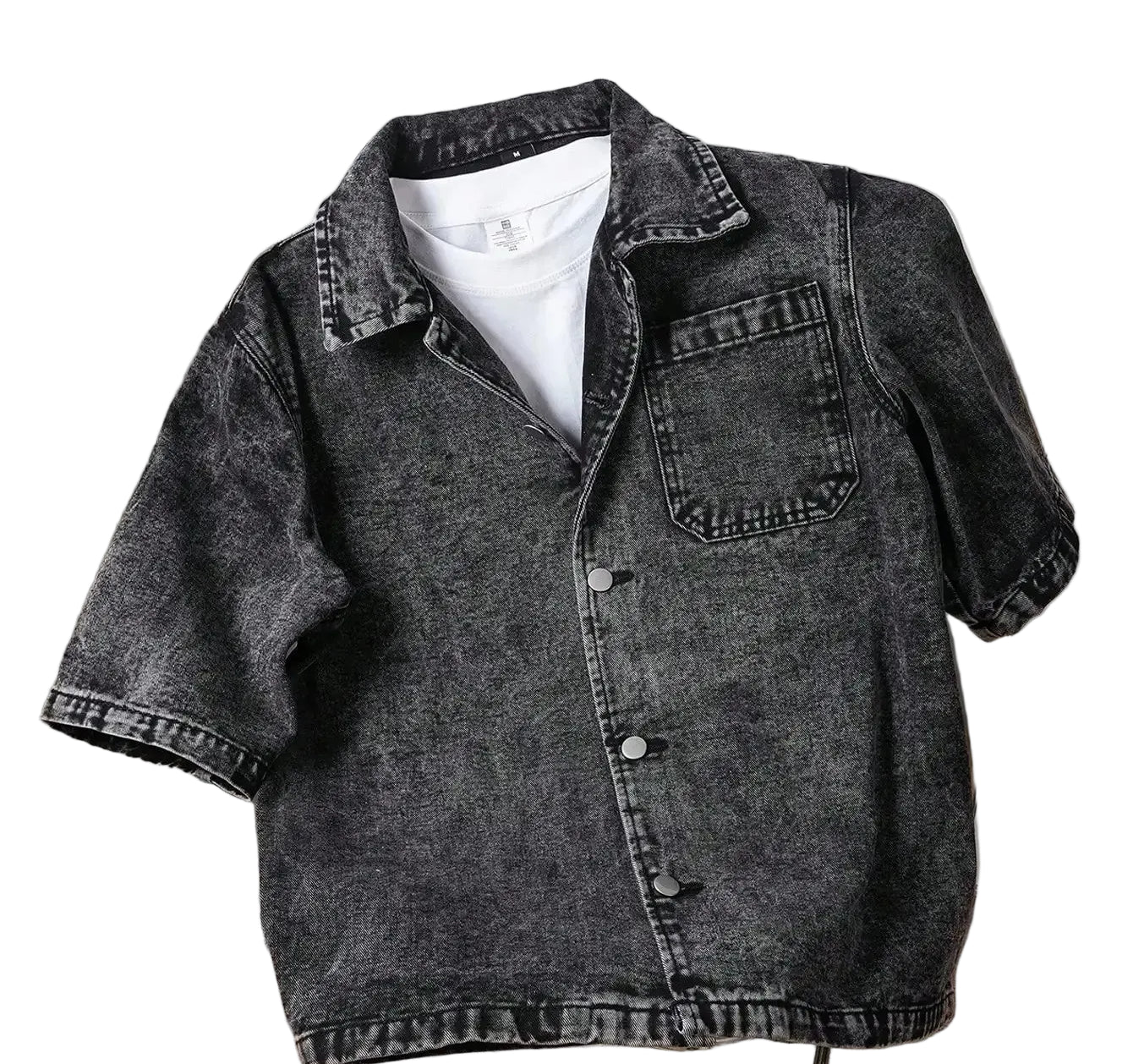 Oversized Washed Denim Button-Up Shirt Jacket with Utility Pocket Streetwear Design