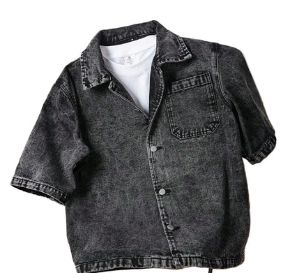 Oversized Washed Denim Button-Up Shirt Jacket with Utility Pocket Streetwear Design