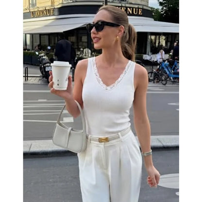 Ribbed Lace Trim Tank Top with V-Neck Slim Fit Casual Everyday Style